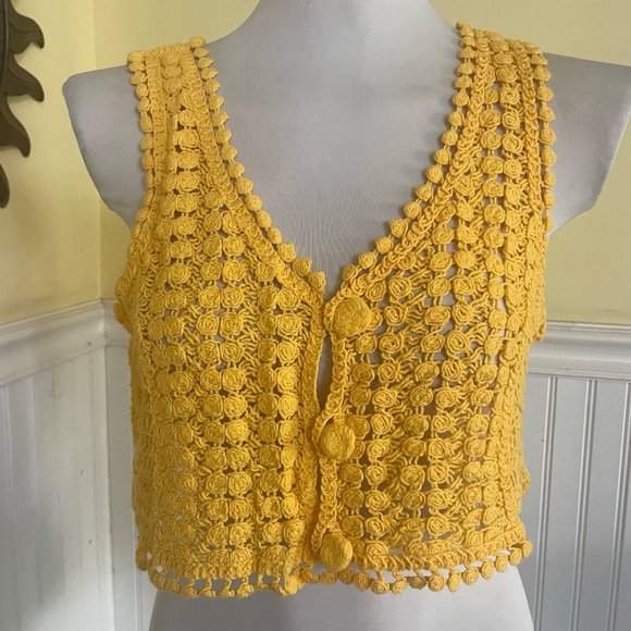Julia Tops - Julia Large Yellow Crochet Knit Tank Vest top Cropped hippie crop bright vest